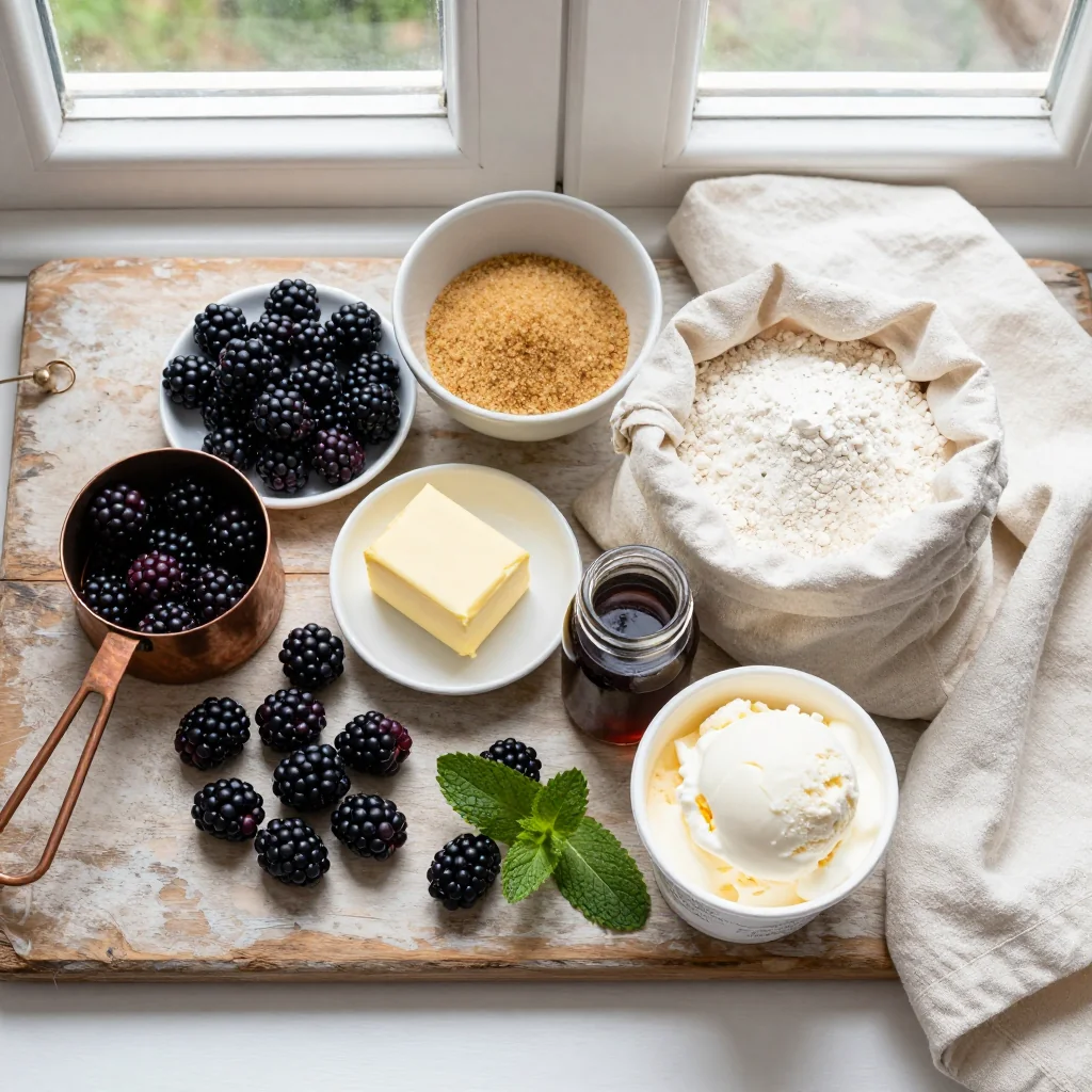 All ingredients for Blackberry Cobbler with Vanilla Ice Cream