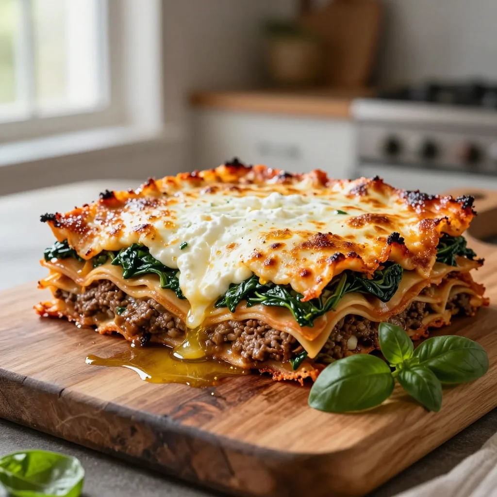 Beef Lasagna with Spinach and Ricotta Cheese