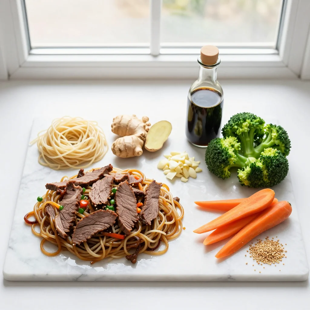All ingredients for Beef Lo Mein with Broccoli and Carrots