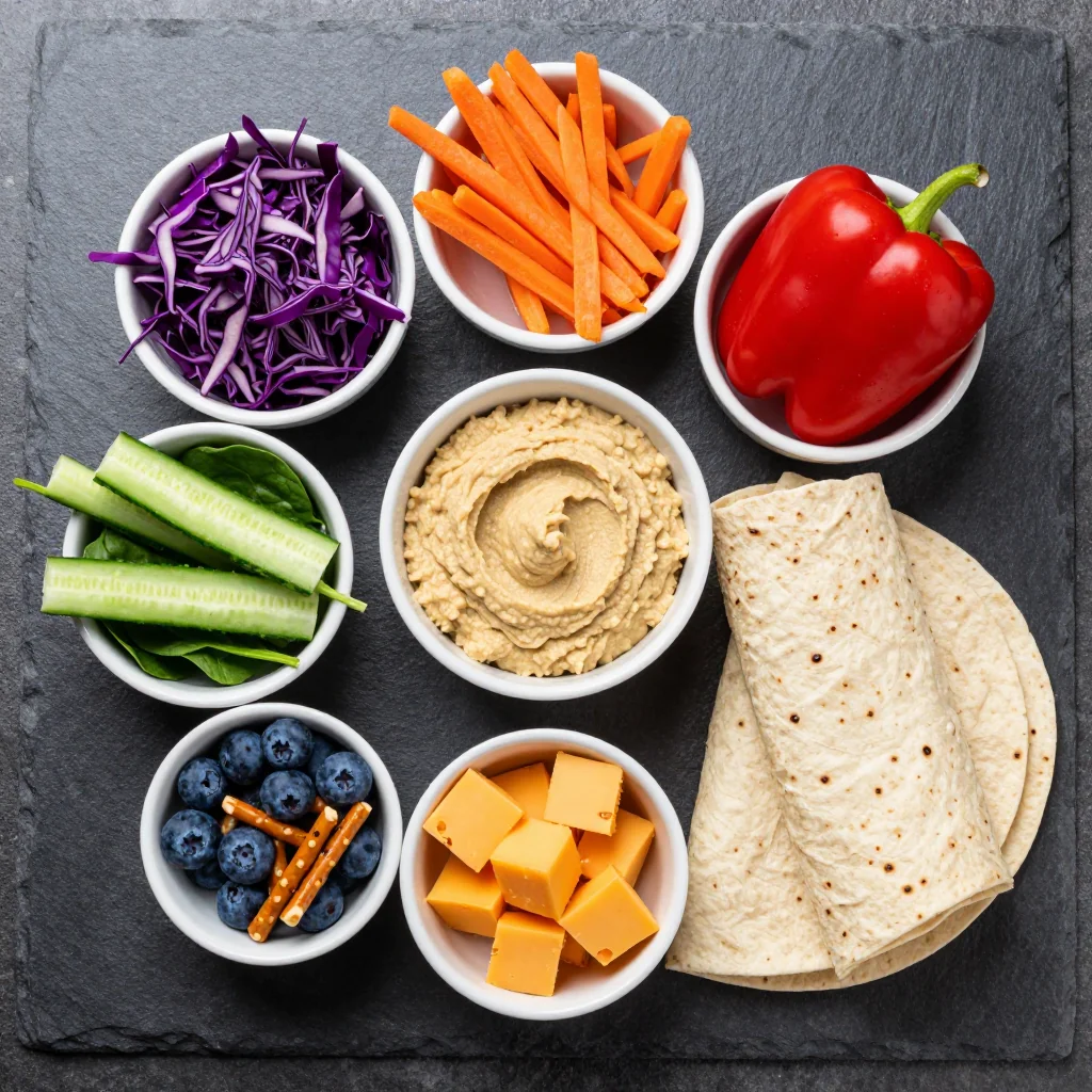Colorful array of fresh vegetables, cream cheese, and tortillas arranged on a wooden cutting board with small bowls of seasonings