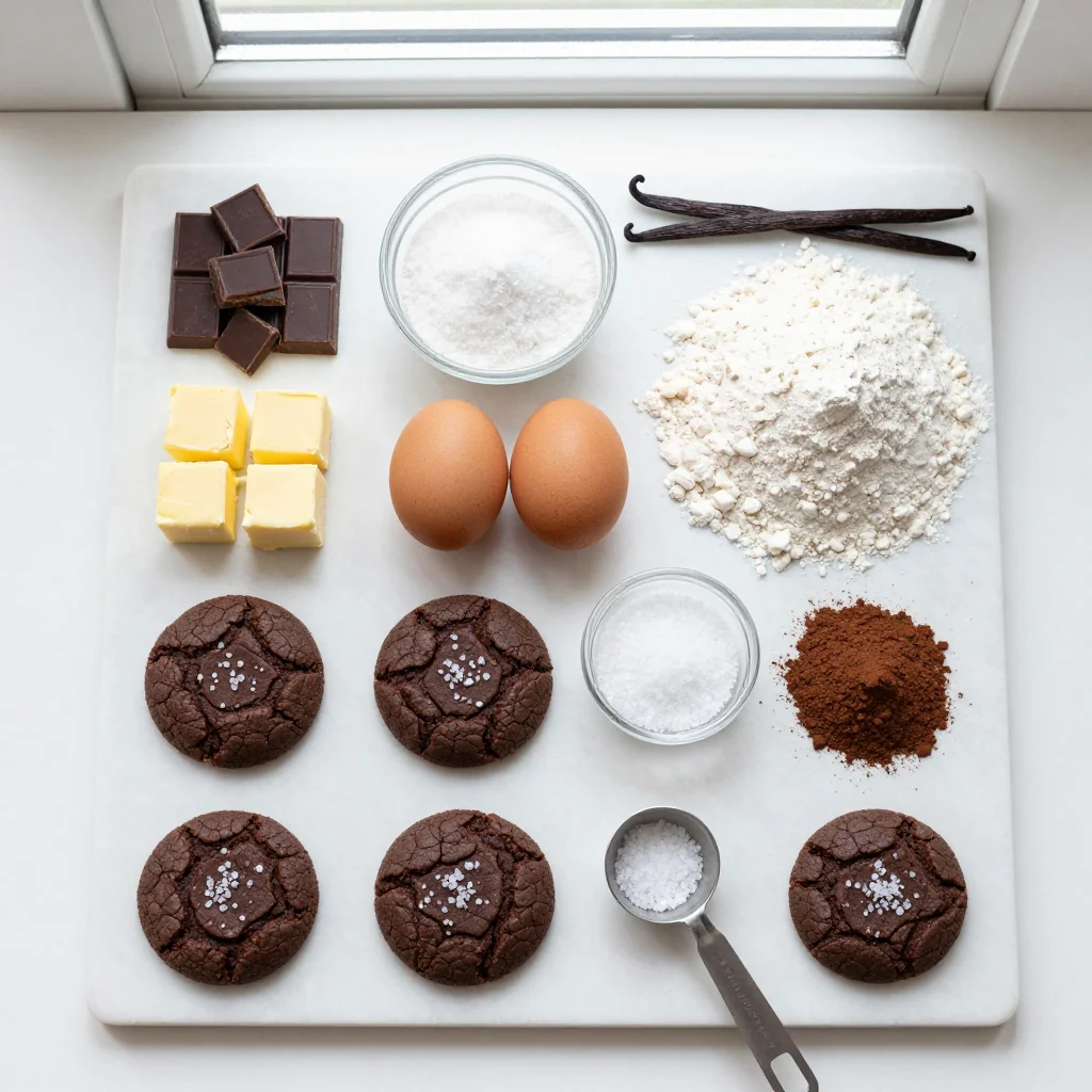 All ingredients for Brownie Cookies with Crinkle Top and Sea Salt