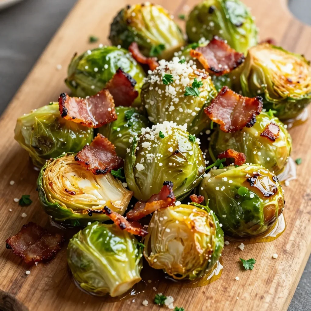 baked garlic parmesan brussels sprouts with bacon for holiday side dishes