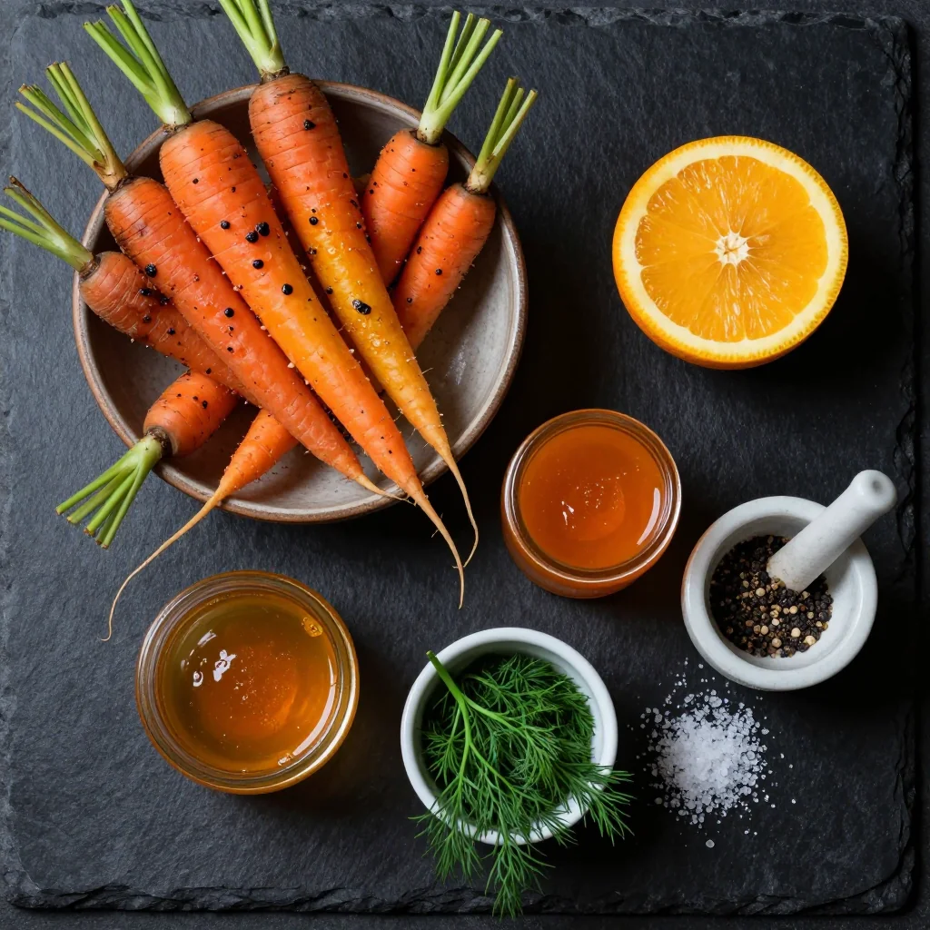 Fresh carrots, citrus fruits, honey, and dill arranged on a wooden cutting board