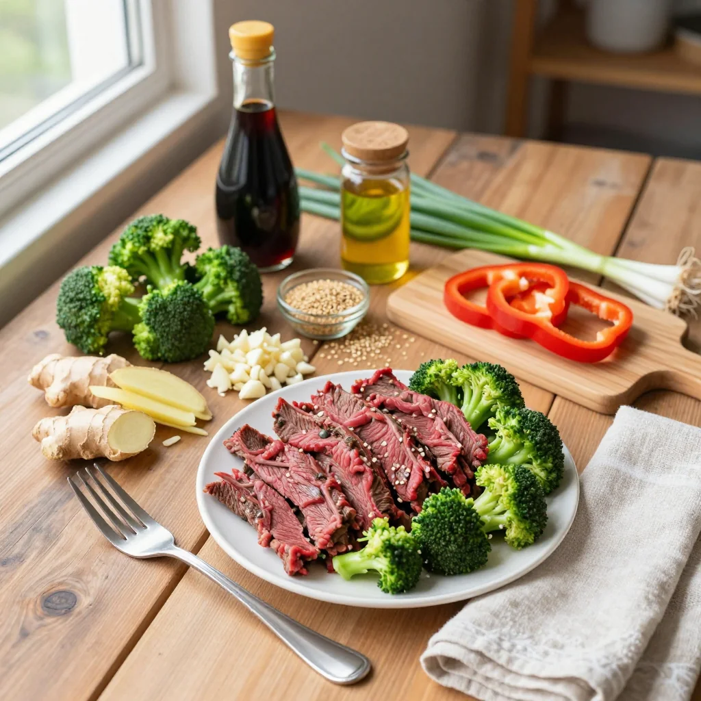 All ingredients for Beef Stir Fry with Broccoli and Soy Sauce