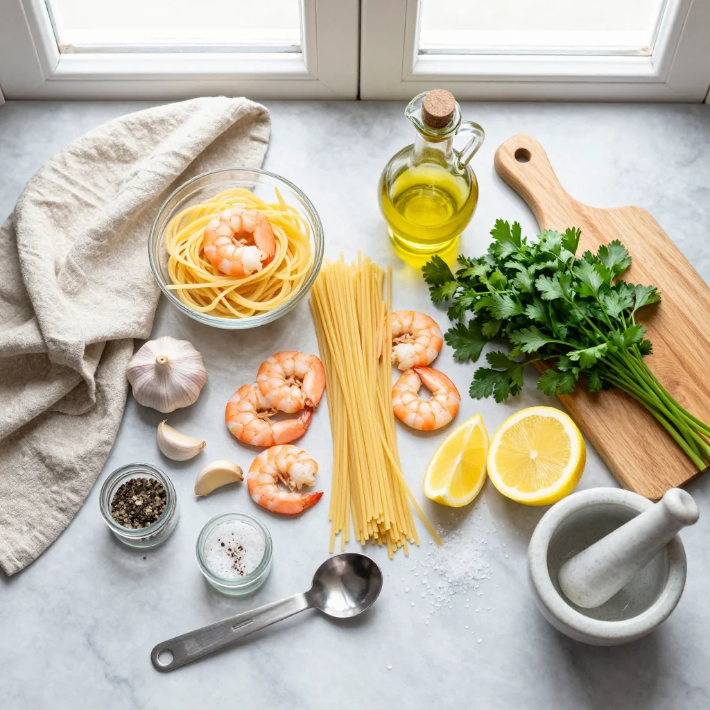 All ingredients for Lemon Garlic Pasta with Shrimp and Parsley