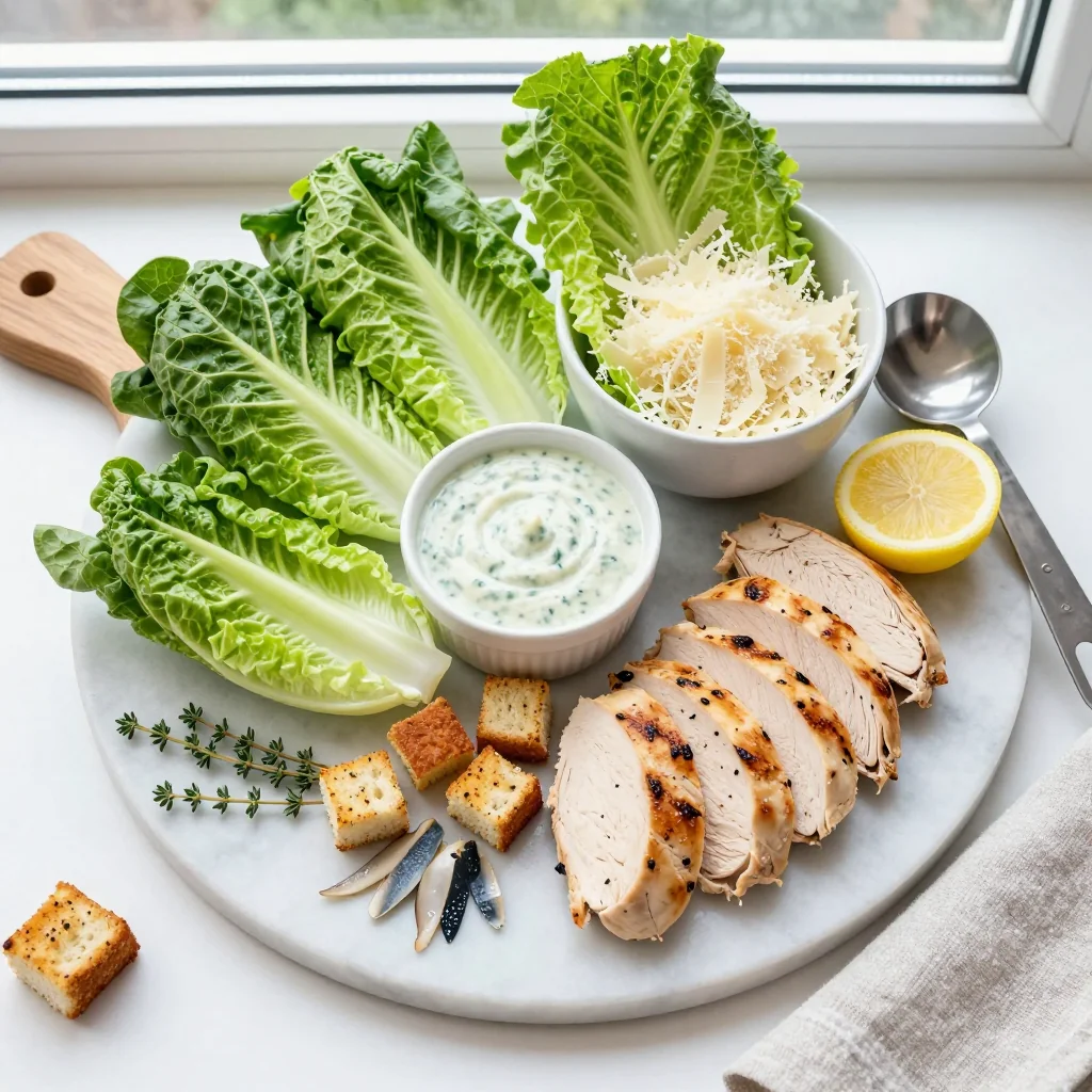 All ingredients laid out for Chicken Caesar Salad