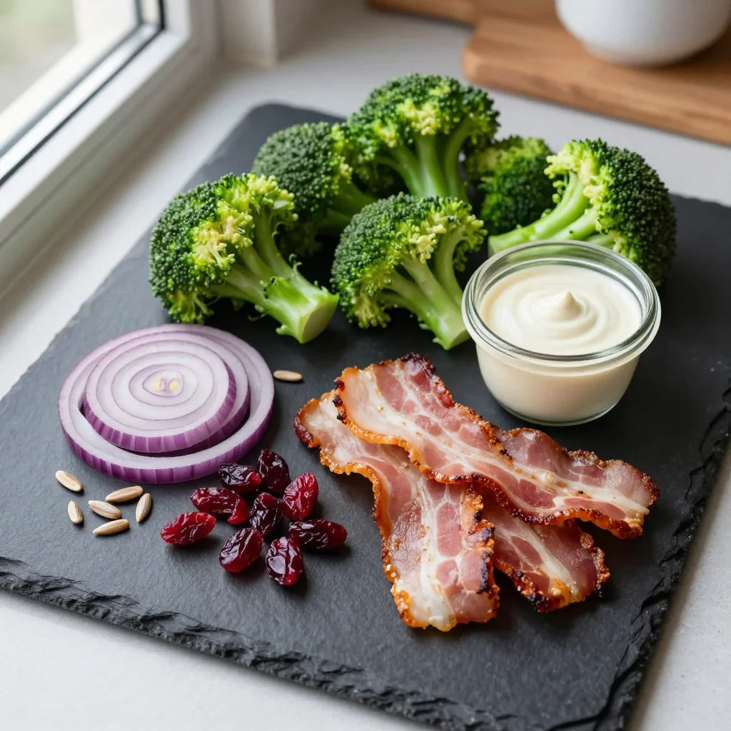 All ingredients for Broccoli Salad with Bacon and Dried Cranberries