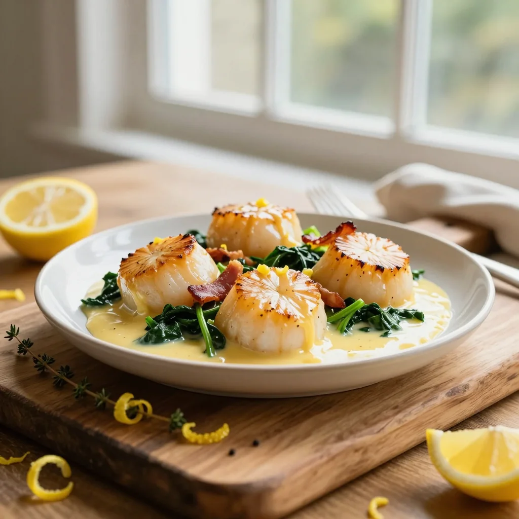 Creamy Lemon Garlic Butter Scallops with Spinach and Bacon