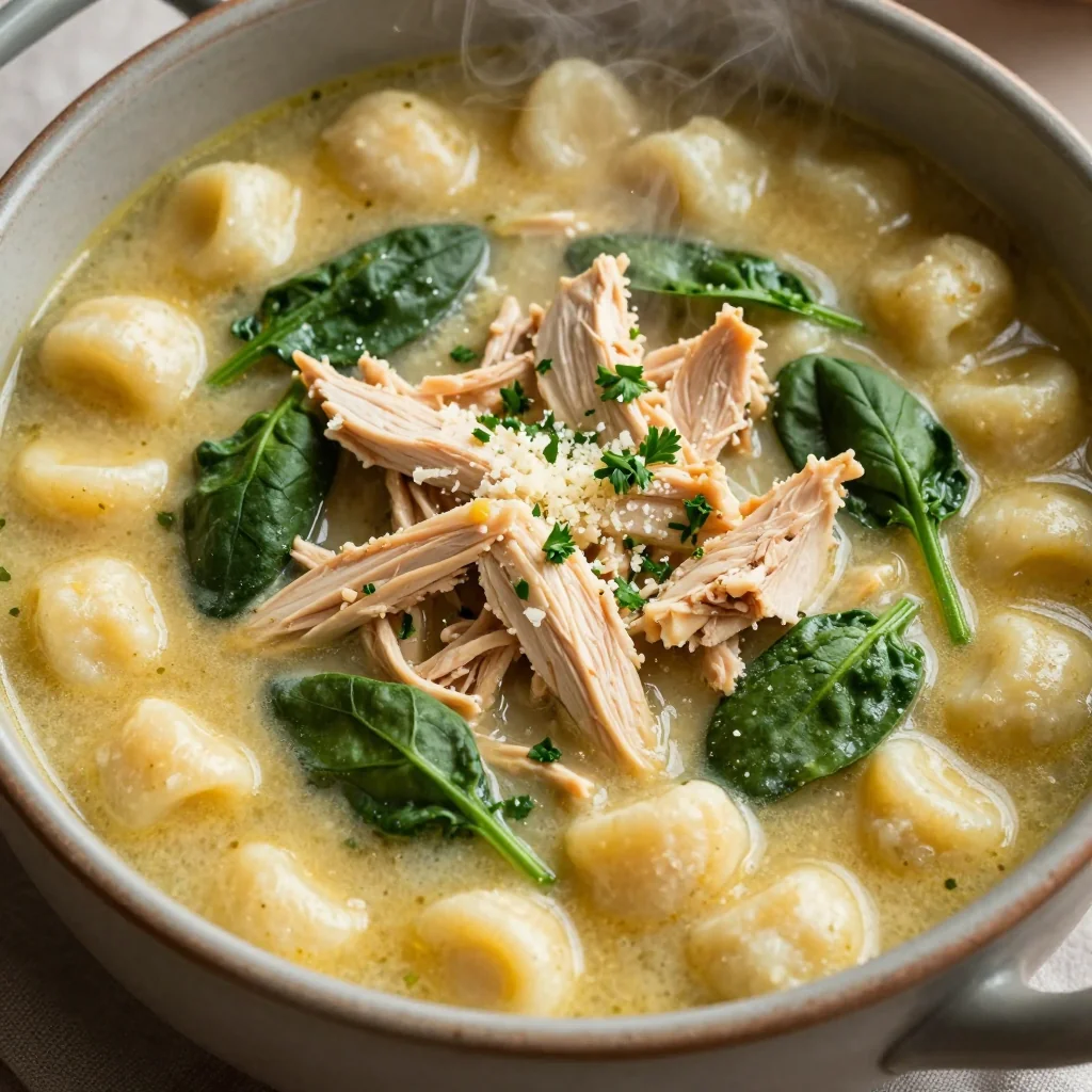 High Protein Slow Cooker Chicken Gnocchi Soup with Spinach