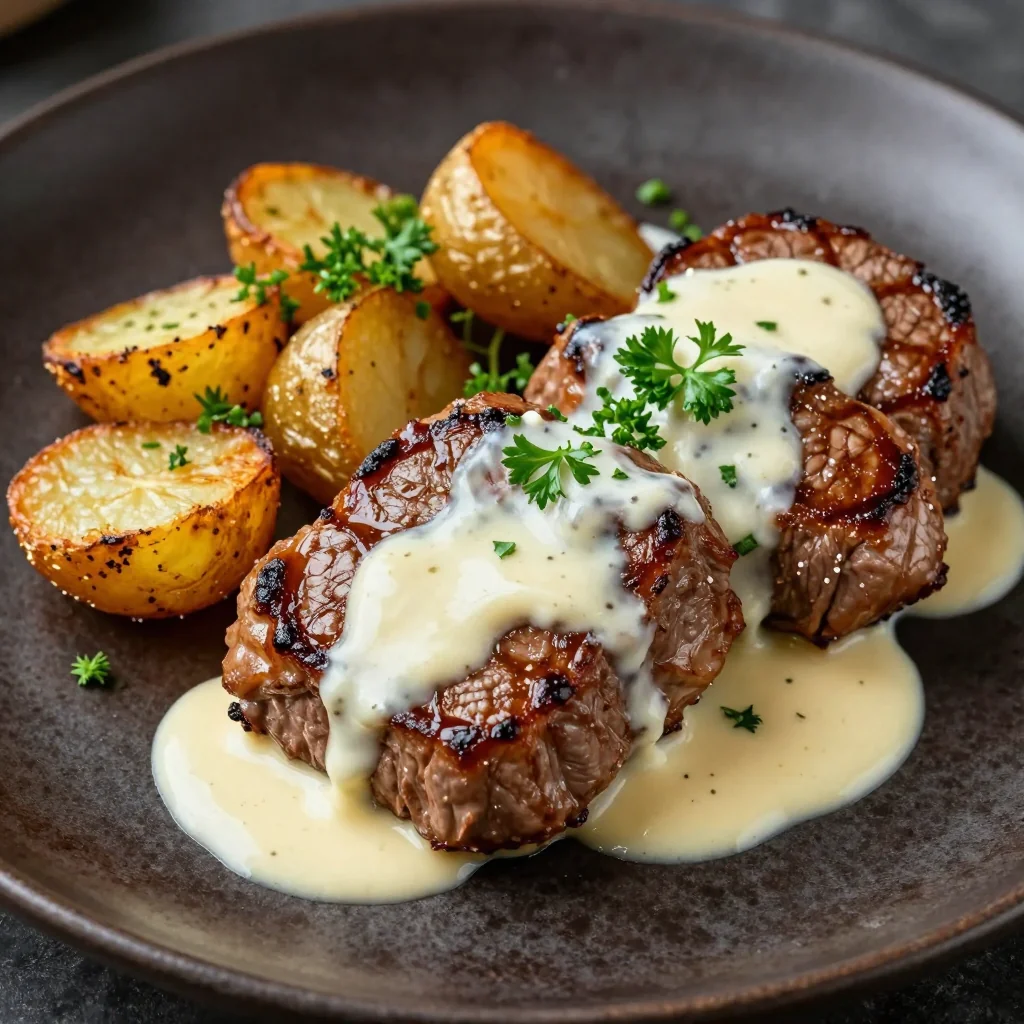 Creamy Garlic Steak Bites With Roasted Potatoes