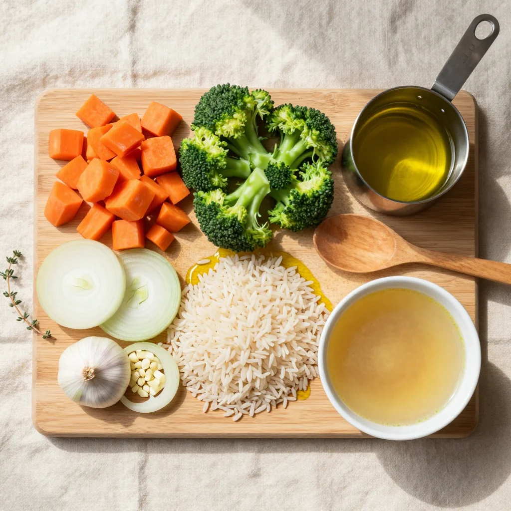 All ingredients for Creamy Vegetable Soup with Rice and Veggies