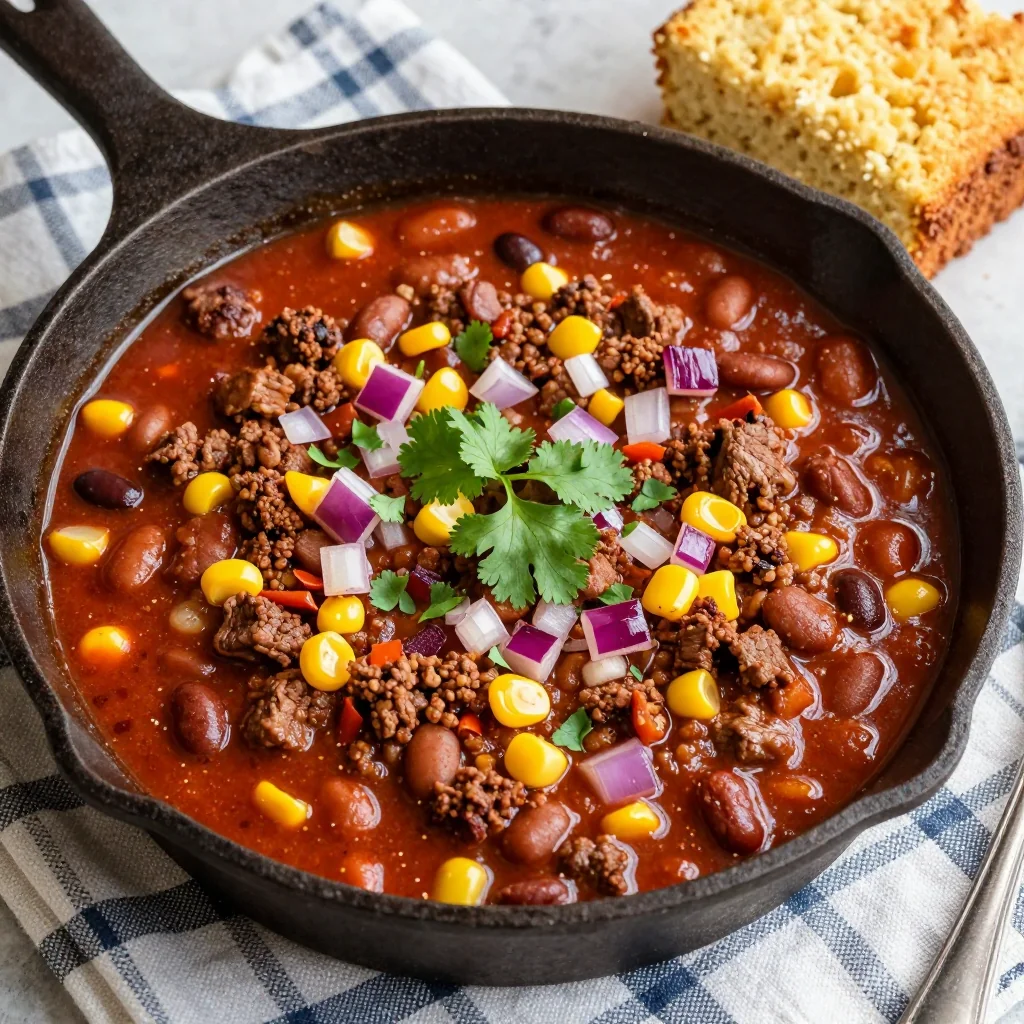 Easy One Pot Chili with Beans and Cornbread