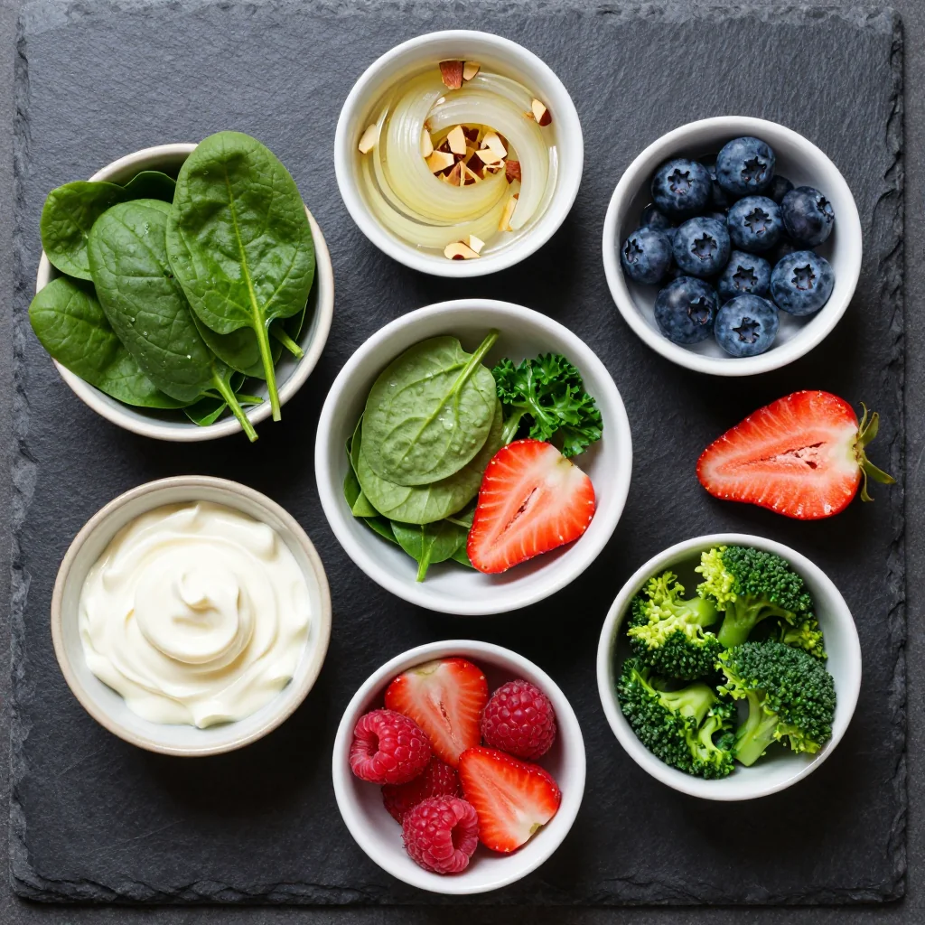 Fresh ingredients arranged on a wooden board: baby spinach, mixed berries, goat cheese, candied pecans, balsamic vinegar, honey, and olive oil