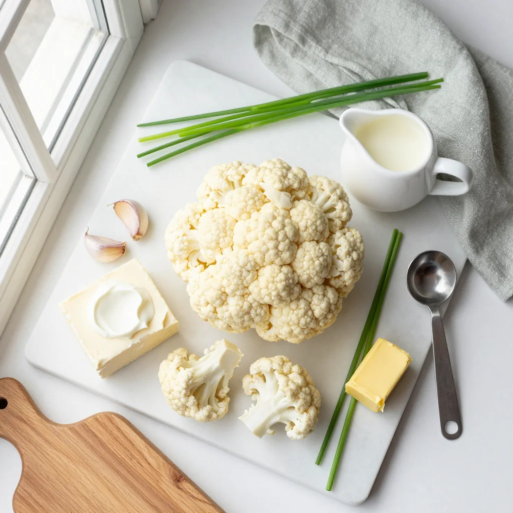 All ingredients for Garlic Mashed Cauliflower with Cream Cheese neatly arranged