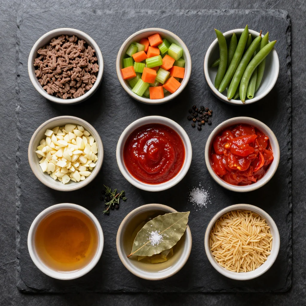 Colorful array of ground beef, carrots, potatoes, tomatoes, and herbs on a wooden board
