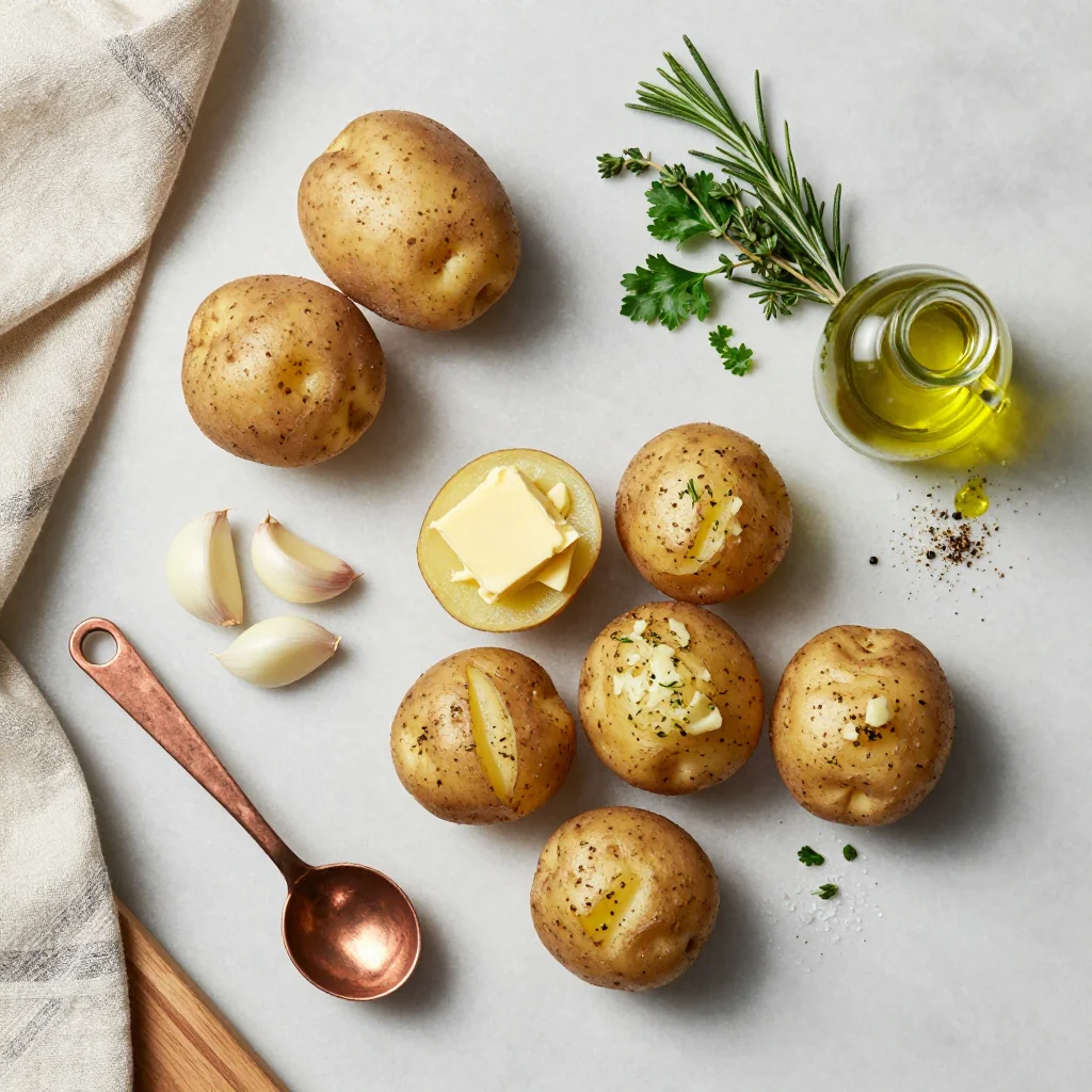 All ingredients for Crispy Smashed Potatoes with Garlic and Herb Butter