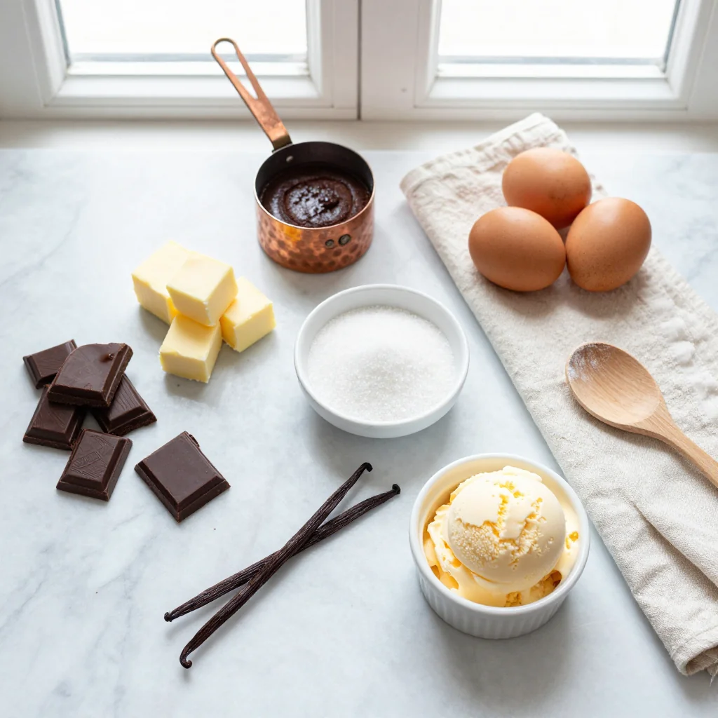All ingredients for Chocolate Lava Cake with Vanilla Ice Cream