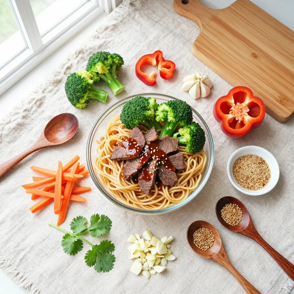 All ingredients for Beef and Broccoli Lo Mein with Noodles