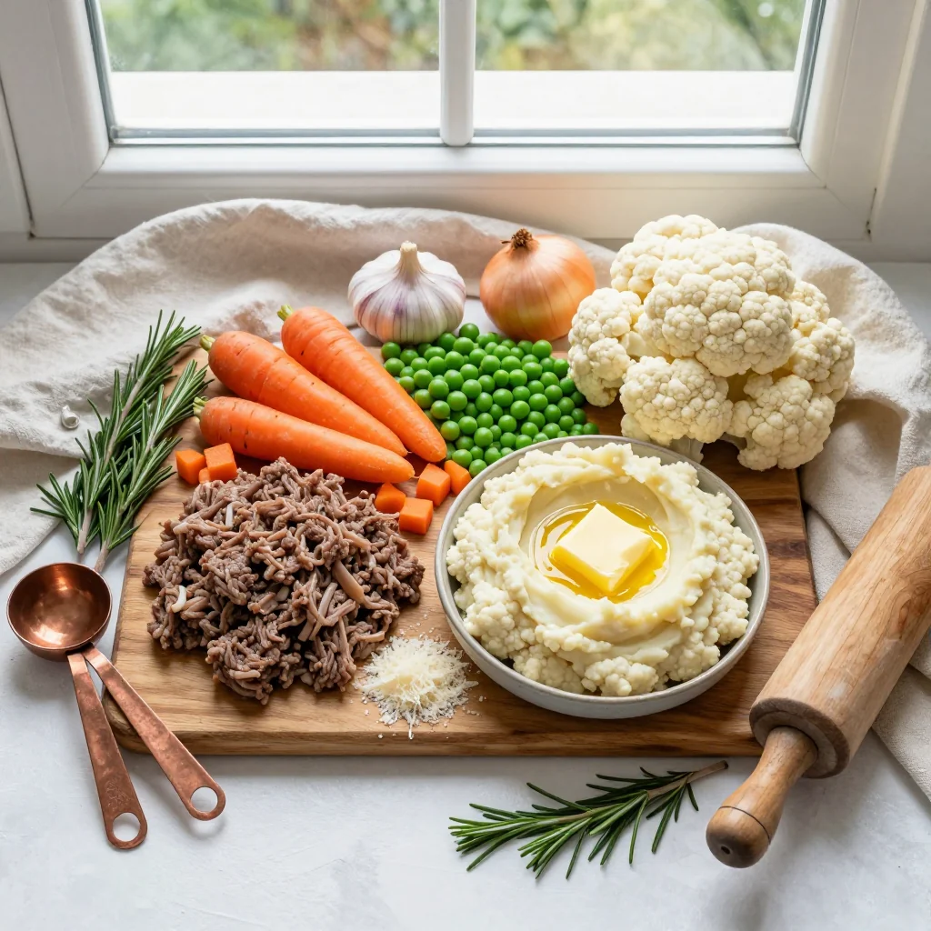All ingredients laid out for Shepherd's Pie with Cauliflower Mash