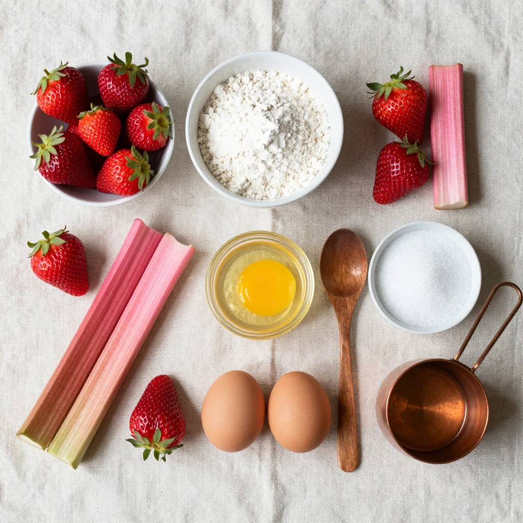 All ingredients for Strawberry Rhubarb Muffins neatly arranged