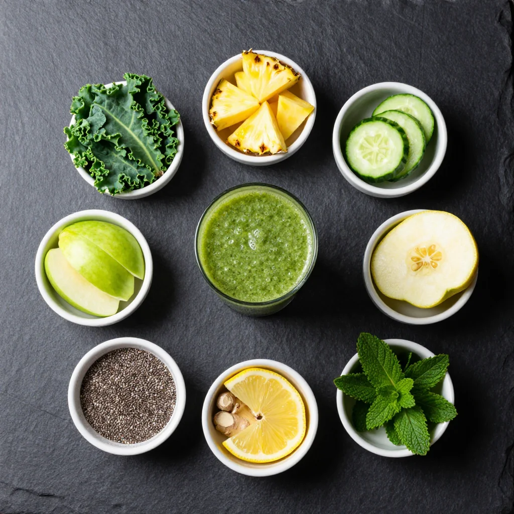 Fresh pineapple, kale, banana, coconut water, ginger, chia seeds, and lime neatly arranged on a marble surface
