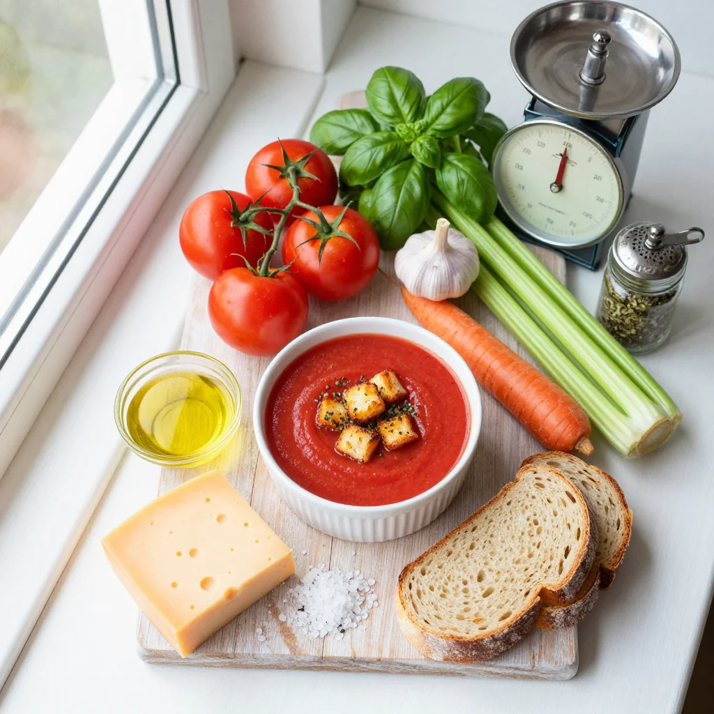 All ingredients for Tomato Soup with Grilled Cheese Croutons