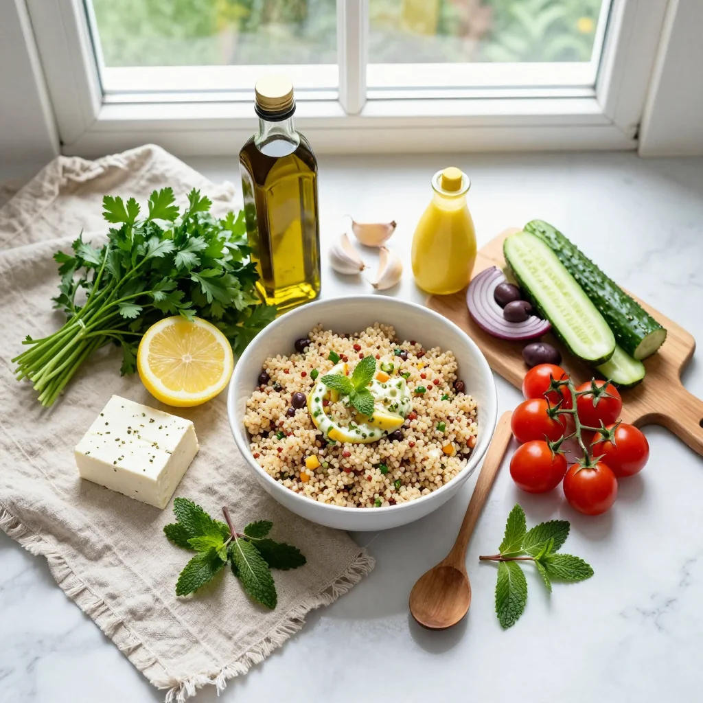 All ingredients for Greek Quinoa Salad with Lemon Vinaigrette