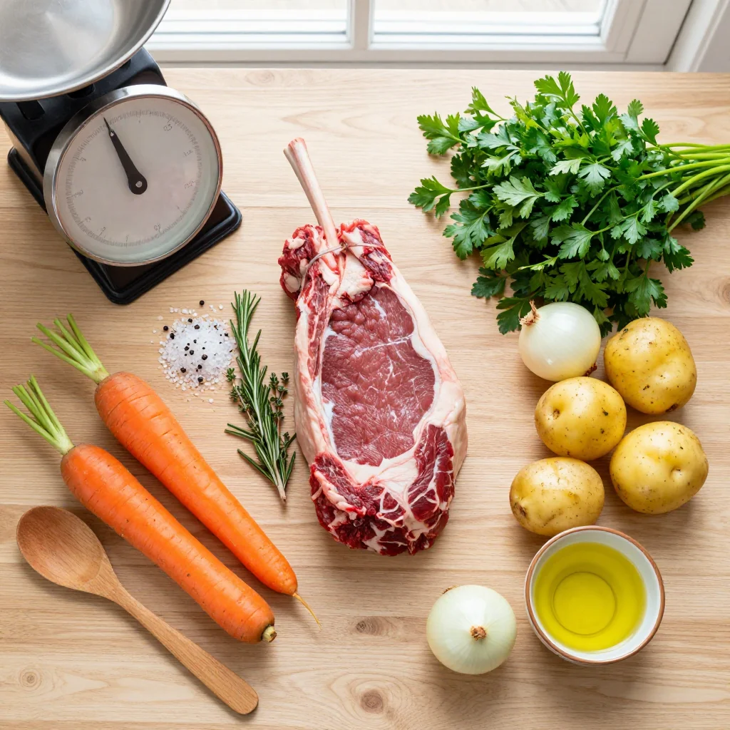 All ingredients for Beef Roast with Vegetables laid out on a wooden board