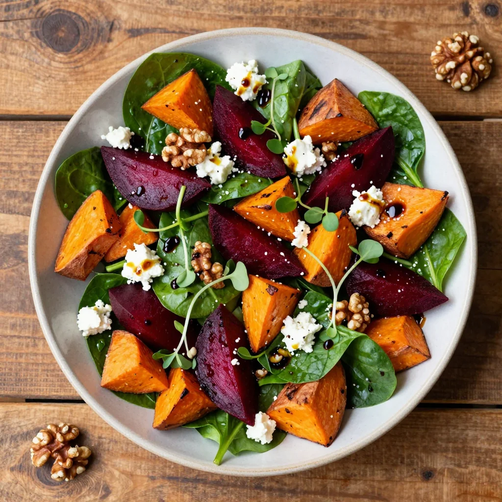 cozy garlic roasted sweet potato and beet salad for family meals