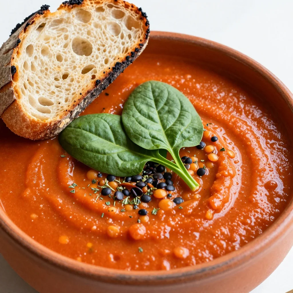 Pantry Clean-Out Creamy Tomato and Lentil Soup with Spinach