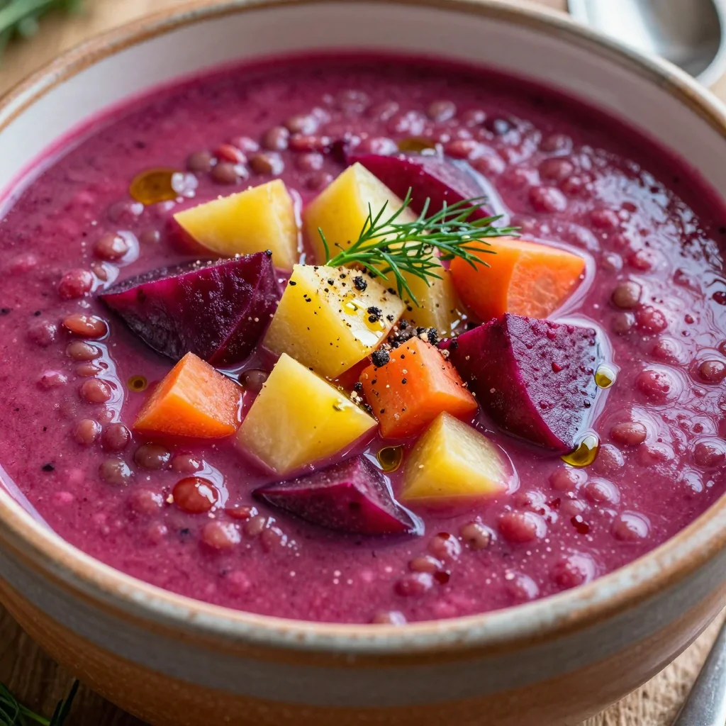 easy onepot lentil soup with beets and seasonal root vegetables