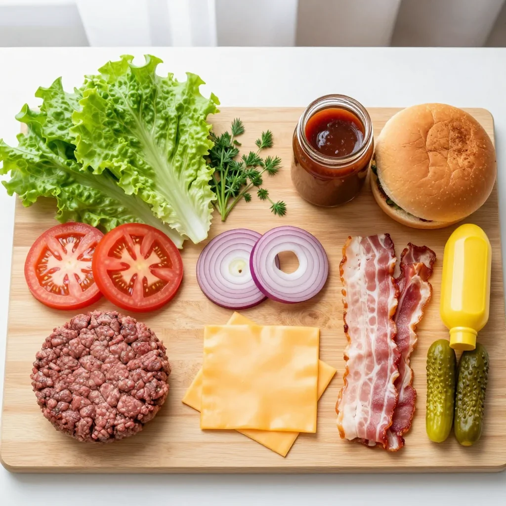 All ingredients laid out for Cheeseburger with Bacon and BBQ Sauce