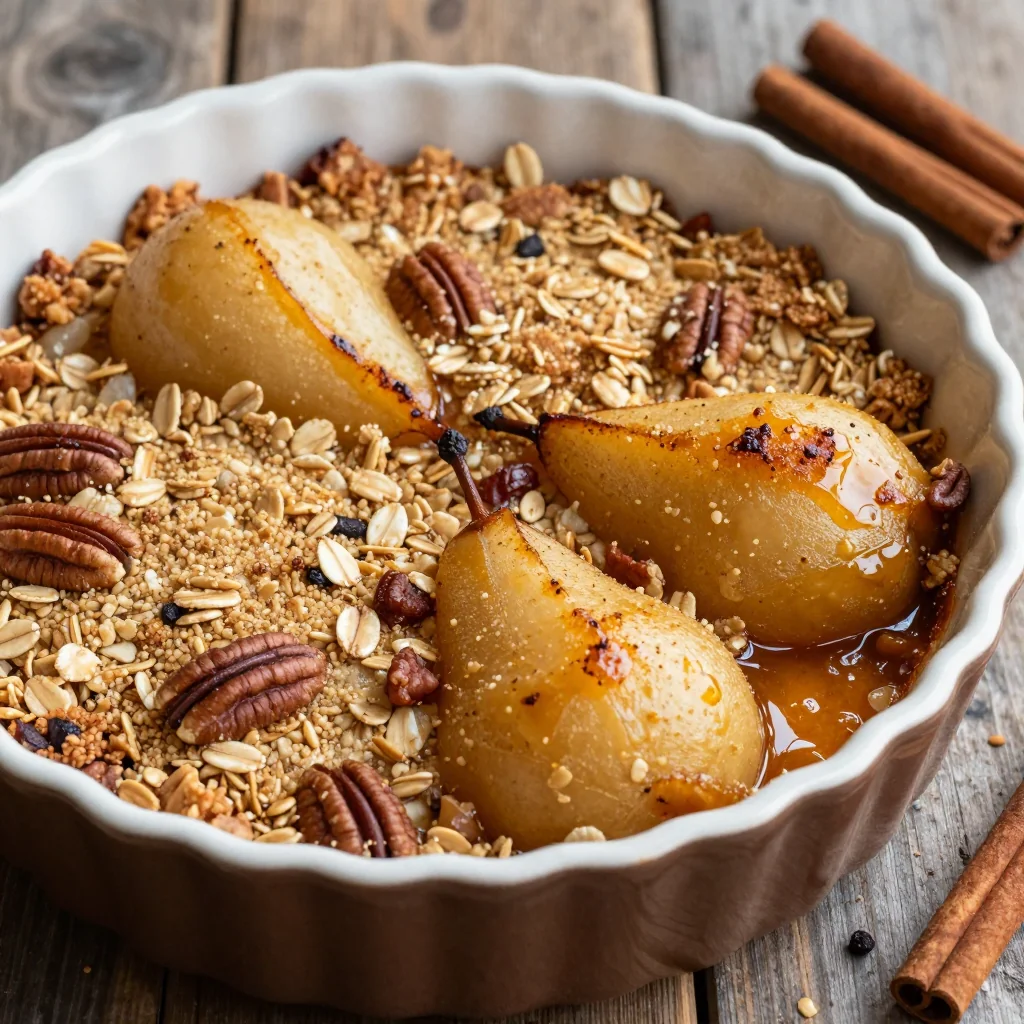 Warm Spiced Pear Crumble with Oat Topping for Dessert