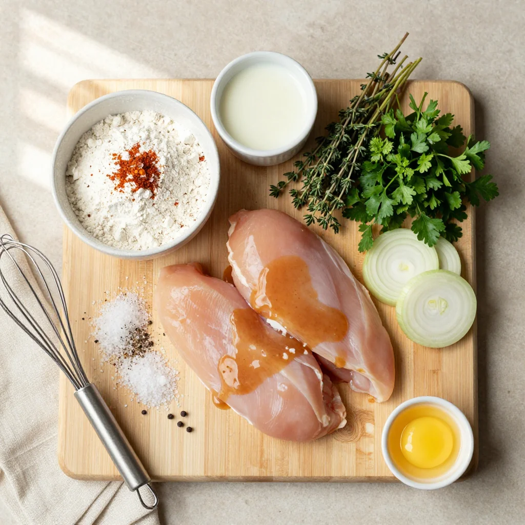 All ingredients laid out for Chicken Fried Chicken with Gravy