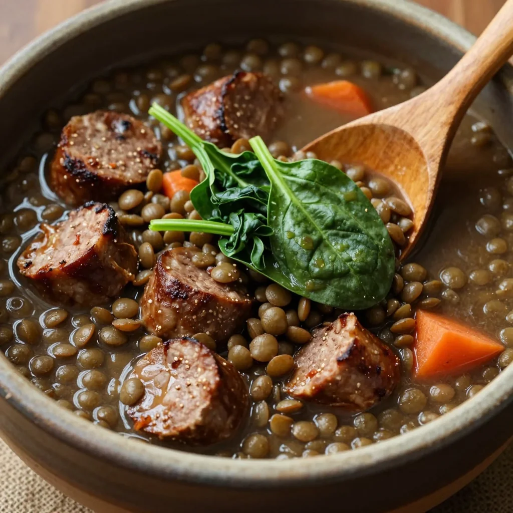 Rich Lentil And Sausage Stew With Spinach