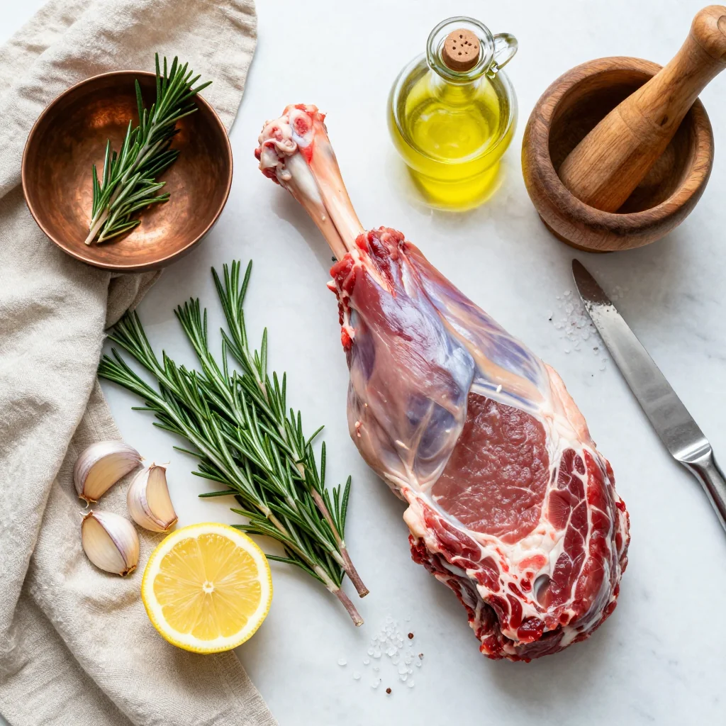 All ingredients for Roasted Leg of Lamb with Rosemary and Garlic