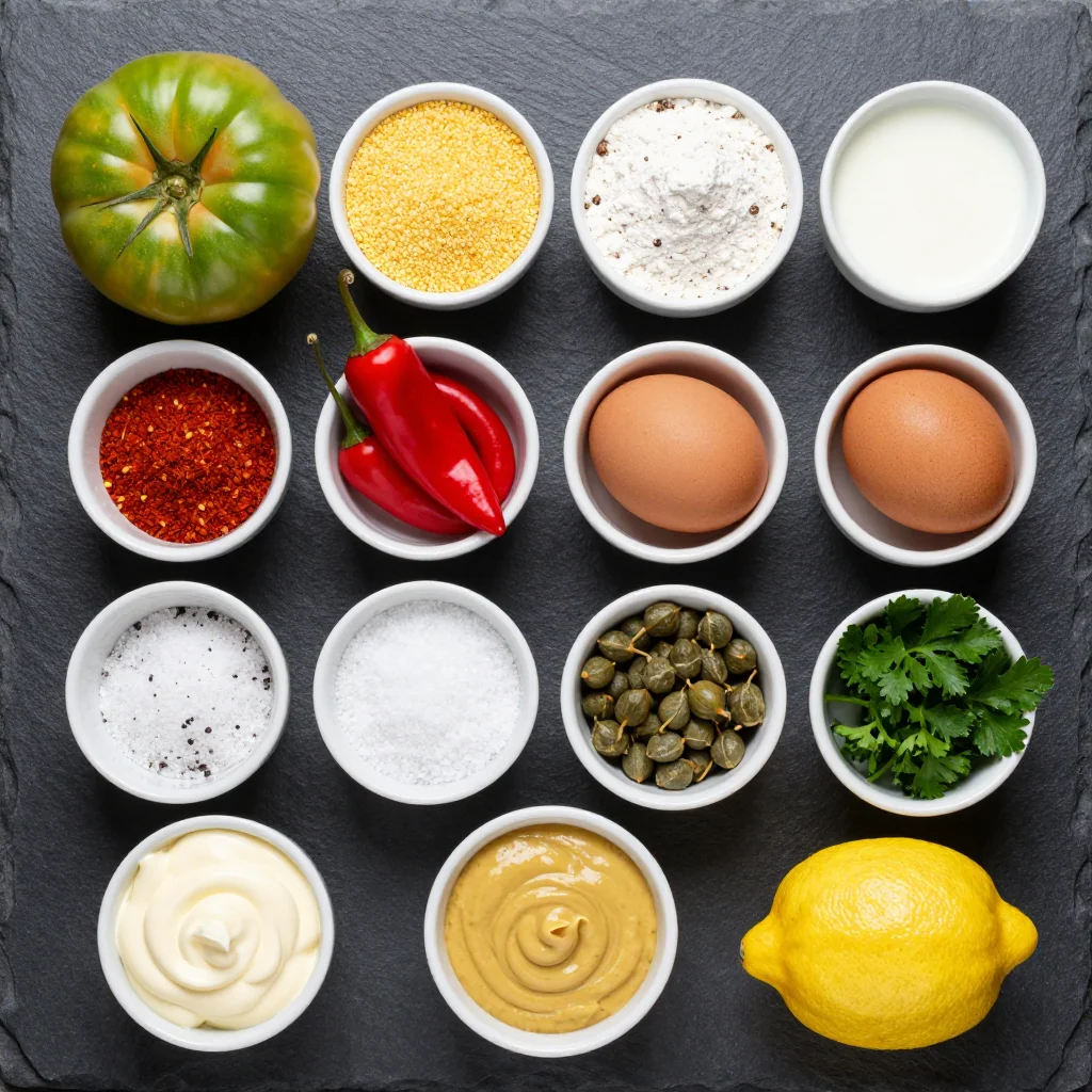 Fresh green tomatoes and remoulade ingredients