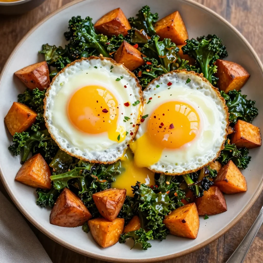 sweet potato and kale hash with fried eggs for cozy winter brunch