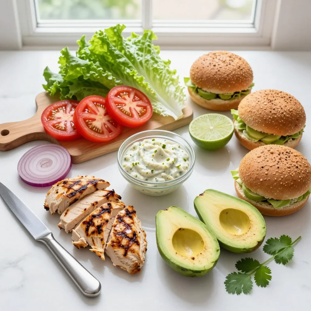 All ingredients laid out for Grilled Chicken Burgers with Avocado
