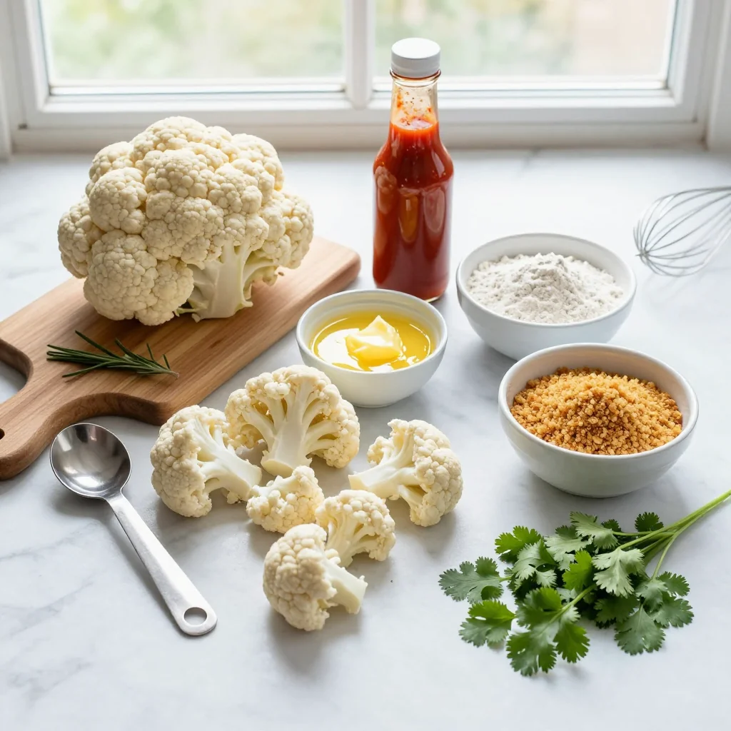 All the ingredients for Buffalo Cauliflower Bites arranged on a wooden board