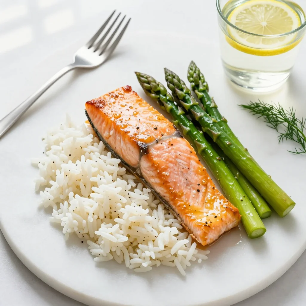 Lemon Garlic Salmon with Rice and Asparagus