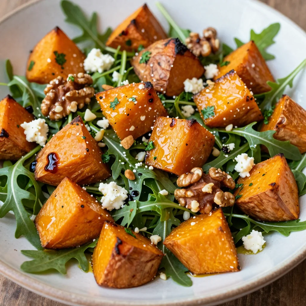 warm roasted sweet potato and beet salad with garlic for healthy meals