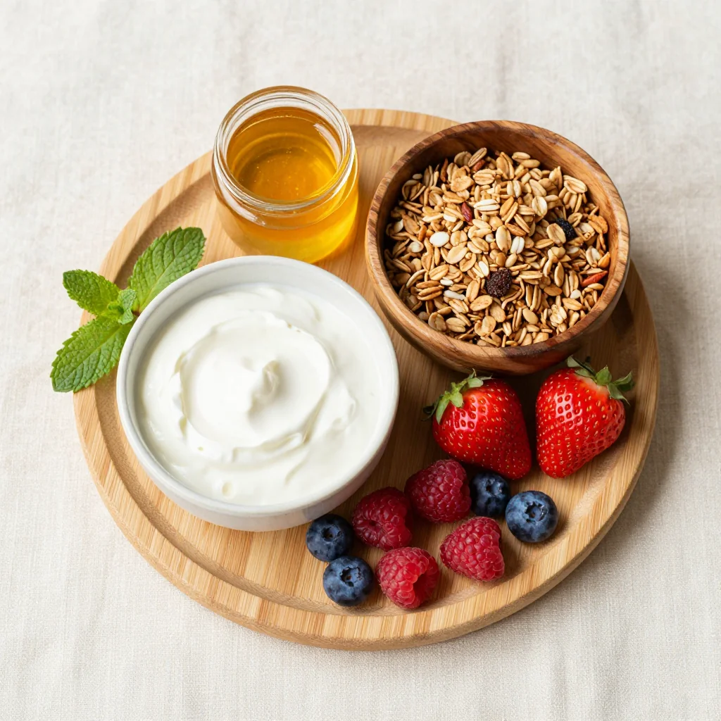 All ingredients for Greek Yogurt Parfait with Granola and Berries