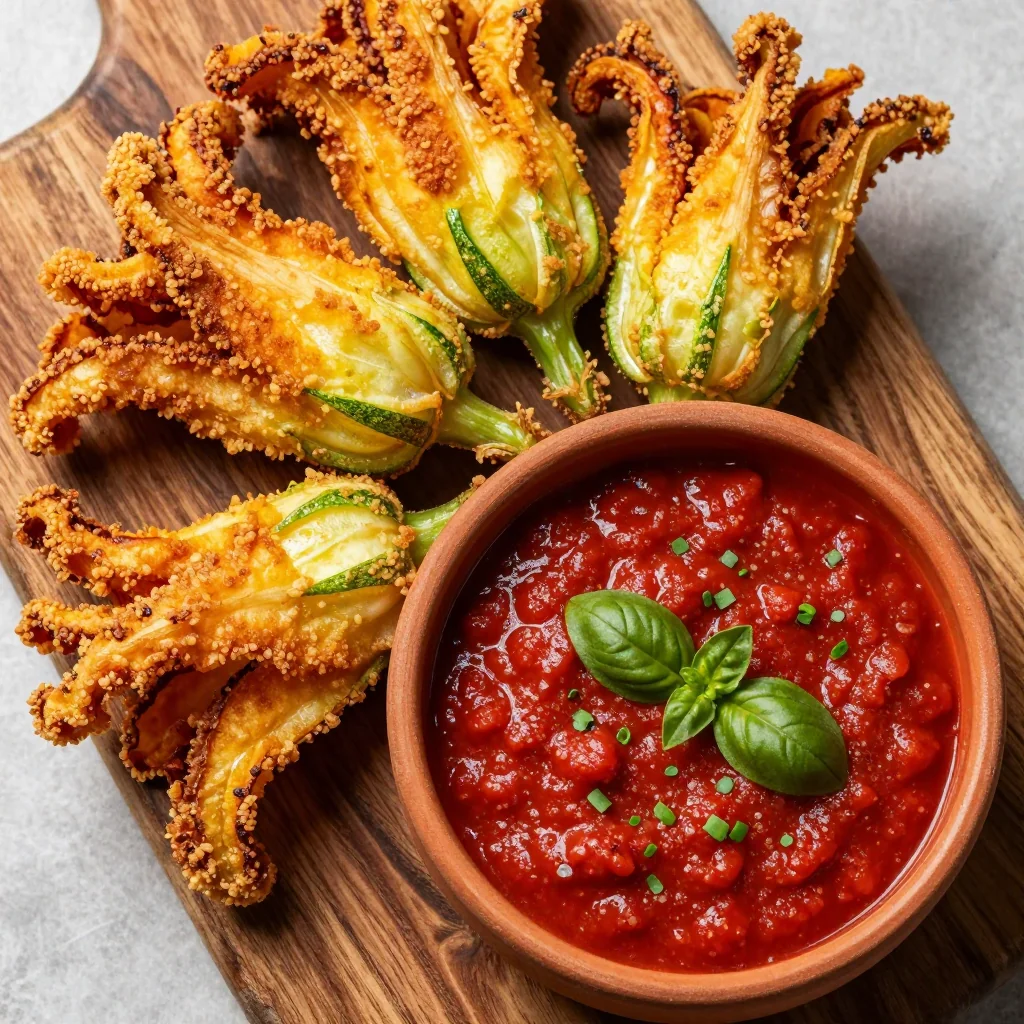Crispy Fried Zucchini Blossoms with Marinara Dip