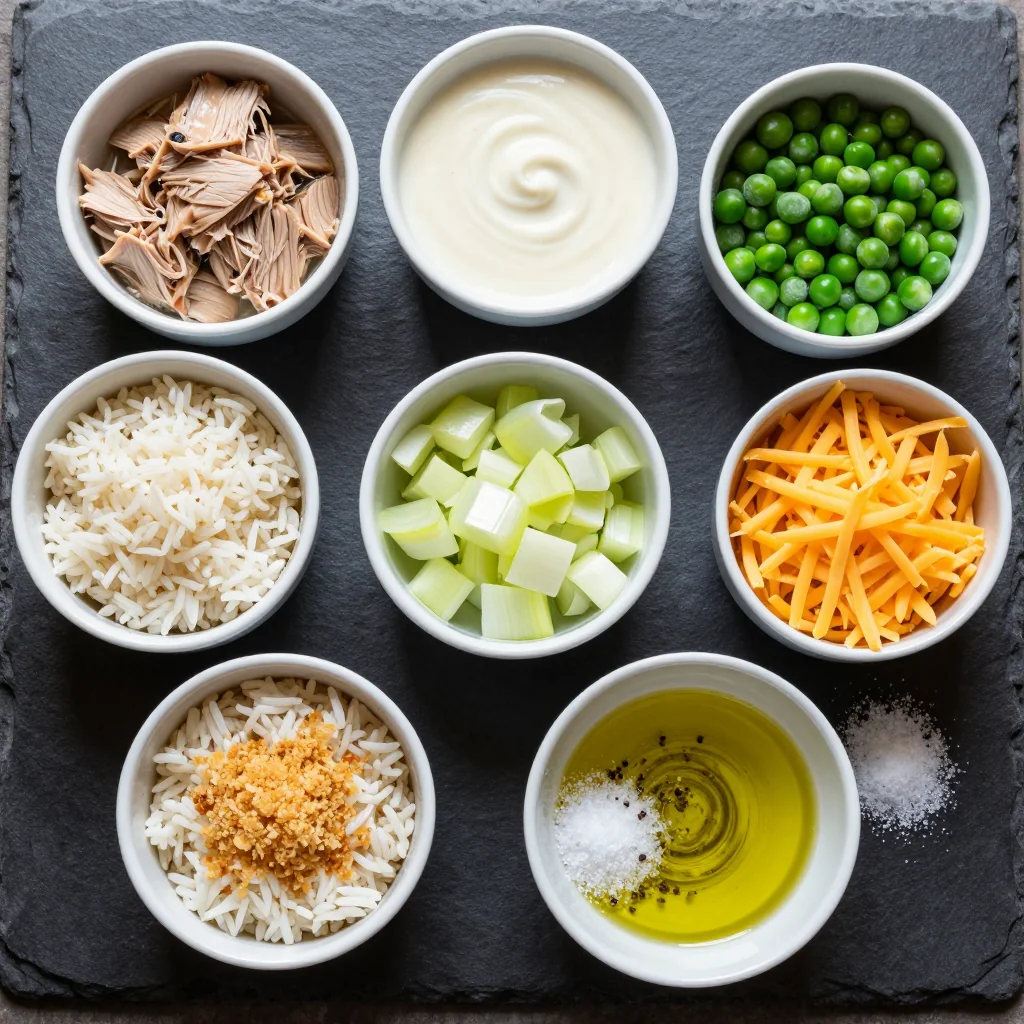 Ingredients for Budget Pantry Tuna and Rice Casserole with Cheese arranged on a wooden surface