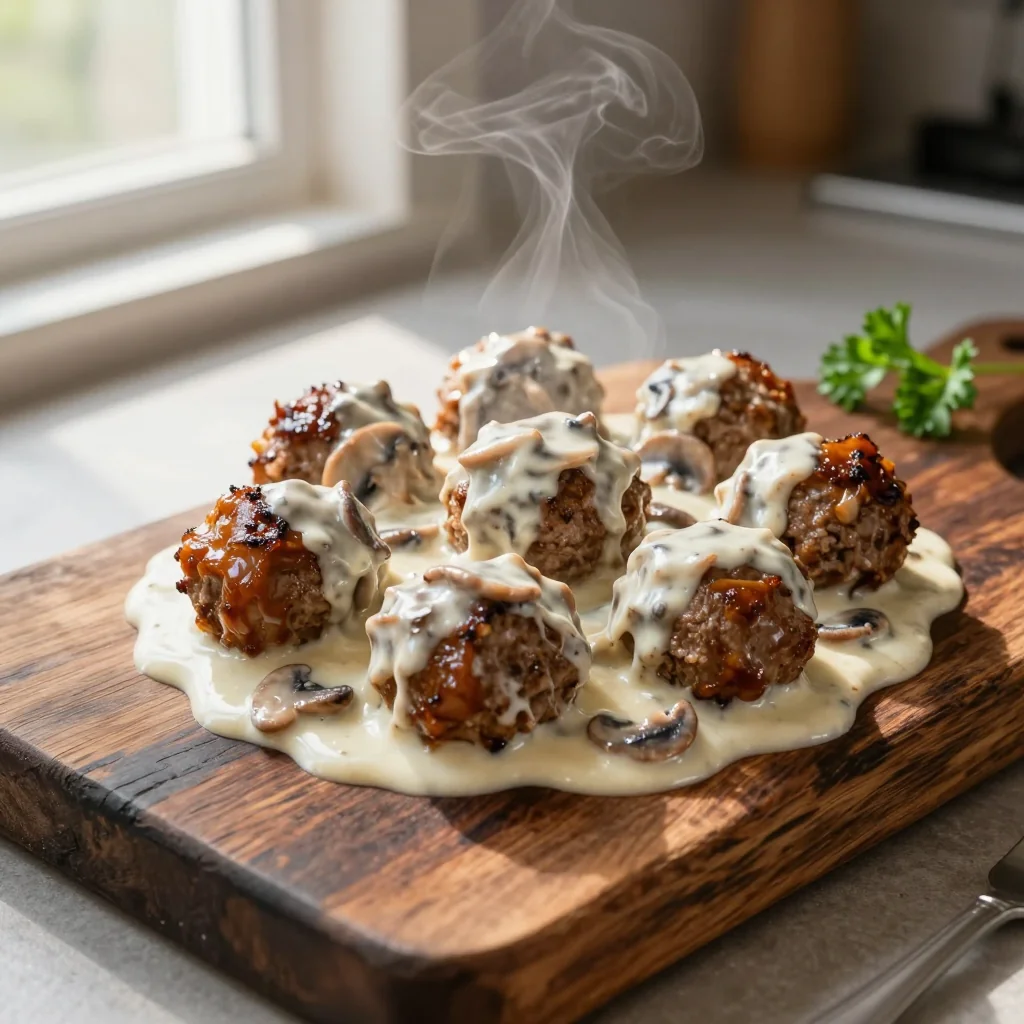 Beef Stroganoff Meatballs with Creamy Mushroom Sauce