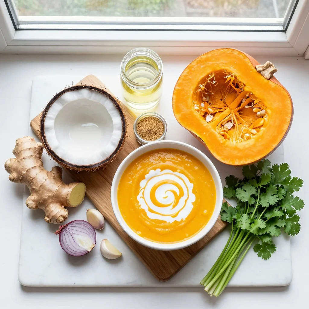All ingredients for Pumpkin Soup with Coconut Milk and Ginger