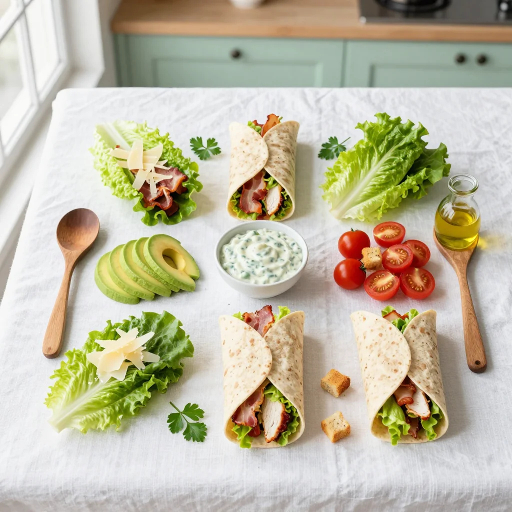 All ingredients laid out for Chicken Caesar Salad Wrap with Bacon