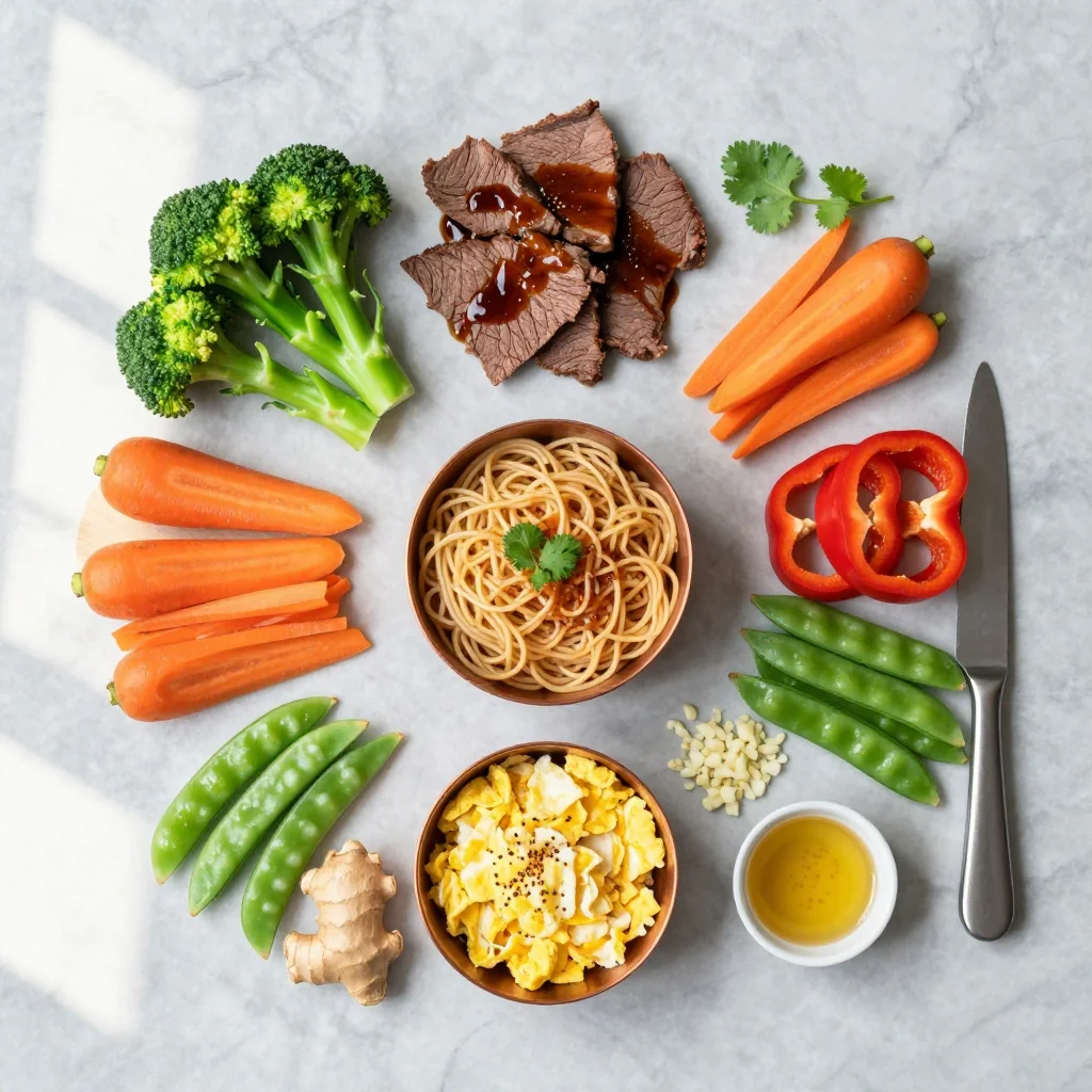 All ingredients laid out for Beef Stir Fry with Noodles and Veggies