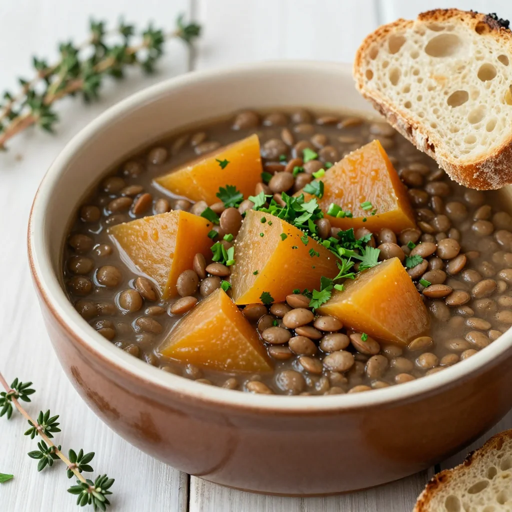healthy batch cooked lentil and root vegetable stew with fresh herbs